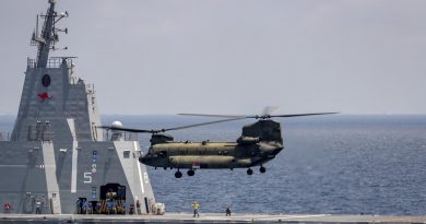 A Boeing CH-47 Chinook, from the Republic of Singapore Air Force, conducts training with HMAS Canberra during Indo-Pacific Endeavour 21. Story by Captain Peter March. Photo by Seaman Leo Baumgartner.