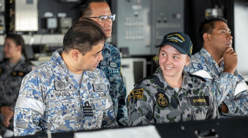 Malaysian defence personnel onboard HMAS Canberra during Indo-Pacific Endeavour 2021. Story by Lieutenant Alicia Morris, Royal Canadian Navy. Photo by Leading Seaman Nadav Harel.