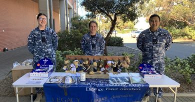 Headquarters Cyber and Electronic Warfare personnel Aircraftwoman Rebecca Hughes, Flight Lieutenant Jennifer Woodside and Leading Aircraftman Kuldeep Pegu collect fundraising money during Legacy Week at Defence Science and Technology Group, Edinburgh. Story by Flight Lieutenant Jennifer Woodside.