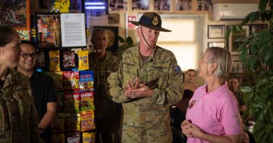 Commander Joint Task Force 633 Air Commodore David Paddison celebrates the 10th anniversary of the ‘Bean around the MEAO’ café with owner Aileen Stoddart. Story by Flight Lieutenant Clarice Hurren. Photo by Sergeant Glen McCarthy.