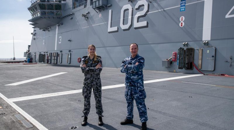 Able Seaman Ashley Lehmann and her stepfather Squadron Leader Joey Slater are working together on board HMAS Canberra during Indo-Pacific Endeavour. Story by Lieutenant Alicia Morris, Royal Canadian Navy. Photo by Leading Seaman Nadav Harel.