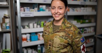Lieutenant Amanda Dreger in the dispensary at the ADF’s main operating base in the Middle East. Story by Flight Lieutenant Clarice Hurren. Photo by Sergeant Glen McCarthy.