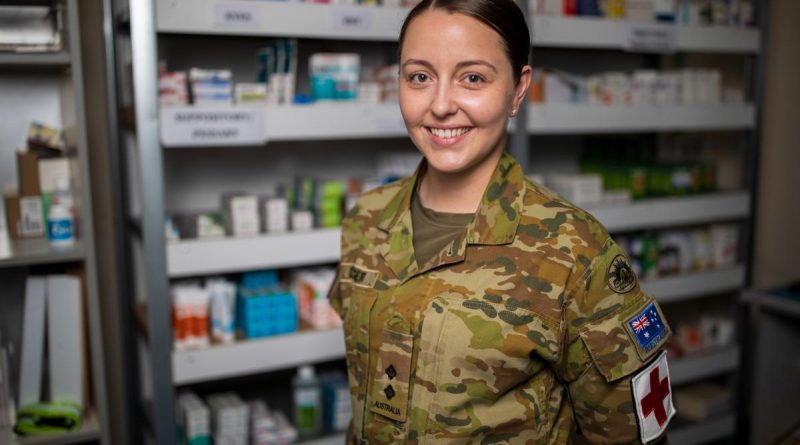 Lieutenant Amanda Dreger in the dispensary at the ADF’s main operating base in the Middle East. Story by Flight Lieutenant Clarice Hurren. Photo by Sergeant Glen McCarthy.