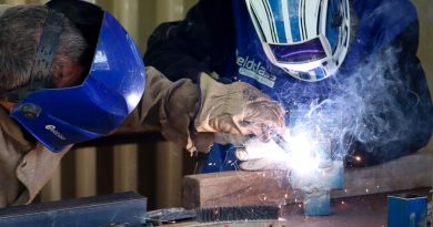 Sapper Malcolm Stewart, left, teaches Andrew Poonkamelya, a local member from the Pormpuraaw Community in Cape York Peninsula, welding techniques during AACAP 2021. story by Captain Evita Ryan.