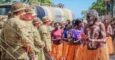 Members of the Pormpuraaw Arts Centre Dance Group greet the Army contingent during the AACAP 2021 opening ceremony. Story by Captain Evita Ryan.
