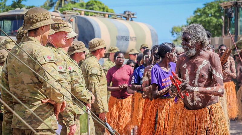 Members of the Pormpuraaw Arts Centre Dance Group greet the Army contingent during the AACAP 2021 opening ceremony. Story by Captain Evita Ryan.