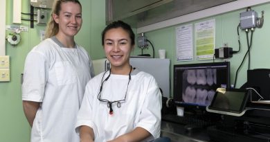 Able Seaman Dental Assistant Caitlin Taylor, left, and Dental Officer Lieutenant Danica Zhan are embarked on HMAS Canberra to care for the dental health of the task group during Indo-Pacific Endeavour. Story by Lieutenant Alicia Morris, Royal Canadian Navy. Photo by Leading Seaman Nadav Harel.