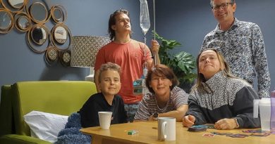 Maddy Marshall, left, with her family, from left, Bailey, Robyn, Gabby and Adrian at the Gold Coast University Hospital during Maddy’s treatment for acute myeloid leukaemia in May. Story by Private Jacob Joseph.