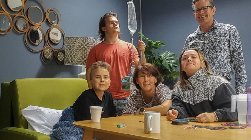 Maddy Marshall, left, with her family, from left, Bailey, Robyn, Gabby and Adrian at the Gold Coast University Hospital during Maddy’s treatment for acute myeloid leukaemia in May. Story by Private Jacob Joseph.