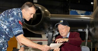 Bryan "Mick" McShane, right, shares some of his memories of the Air Force with Warrant Officer Russell Beck at the RAAF Base Amberley Aviation Heritage Centre. Story by Flying Officer Robert Hodgson. Photo by Corporal Jesse Kane.