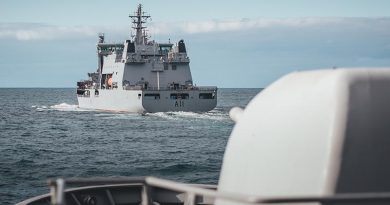 Royal New Zealand Navy ships HMNZS Te Kaha and HMNZS Aotearoa conduct a series of trials and readiness checks in the Hauraki Gulf prior to deploying this week. NZDF photo.
