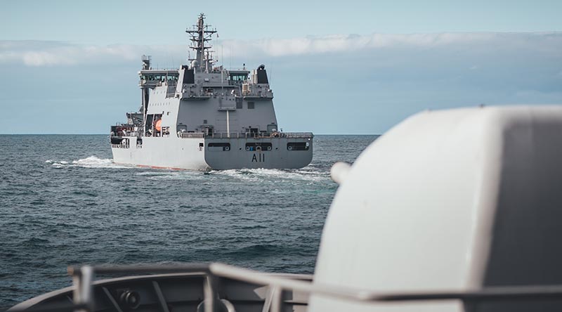 Royal New Zealand Navy ships HMNZS Te Kaha and HMNZS Aotearoa conduct a series of trials and readiness checks in the Hauraki Gulf prior to deploying this week. NZDF photo.