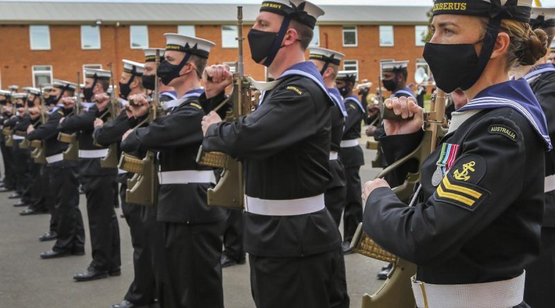 Recruit School Instructor Leading Seaman Kelsie Wright presents Arms during the graduation ceremony on the parade ground of RAN Recruit School, HMAS Cerberus, Victoria. Story by Rene Joy van Rooyen. Photo by Petty Officer James Whittle.