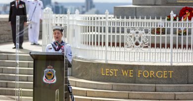 Leading Seaman Kirsten Robinson sings the German National Anthem during a commemorative service held at the Western Australian State War Memorial in King’s Park, as part of FGS Bayern's visit to Western Australia during their ongoing Indo-Pacific deployment. Story by Lieutenant Rilana Ostheim. Photo by Leading Seaman Ronnie Baltoft.