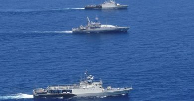 Indonesian Navy vessel KRI Sura, top, HMAS Ararat and KRI Kerapu conduct a coordinated maritime security patrol as part of Ausindo Corpat 2021. Story by Lieutenant Gordon Carr-Gregg.