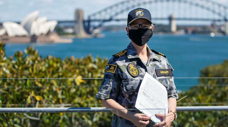 Newly promoted Director of Music–Navy Commander Cassandra Mohapp at the Garden Island Defence Precinct. Story by Leading Seaman Jonathan Rendell. Photo by Leading Seaman Matthew Lyall.