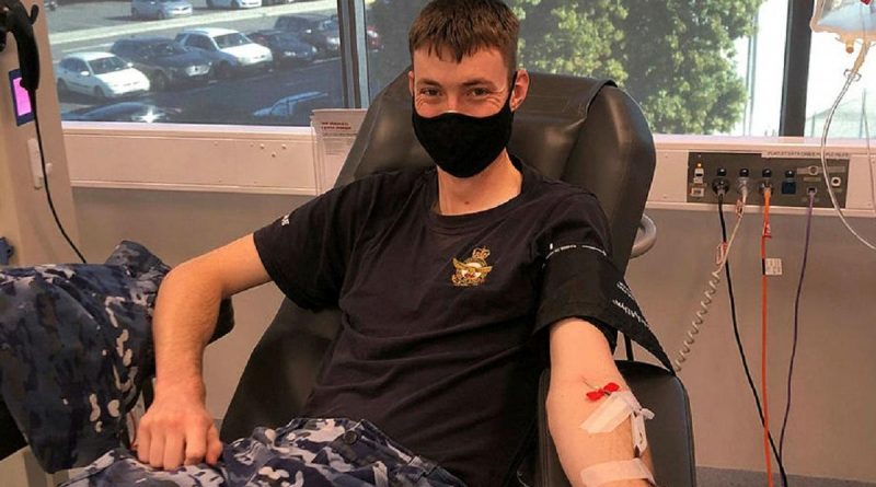 Plans officer with No. 382 Squadron Flight Lieutenant Trent Blinco making his 52nd blood donation at the Lifeblood Donor Centre in Ipswich as part of the 2021 Defence Blood Challenge. Story by Flight Lieutenant Robert Cochran.