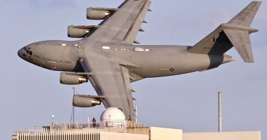 A C-17A Globemaster III from No. 36 Squadron at RAAF Base Amberley, conducts a low-level flight over the Brisbane CBD during Sunsuper Riverfire. Photo by CONTACT stringer Christabel Migliorini.