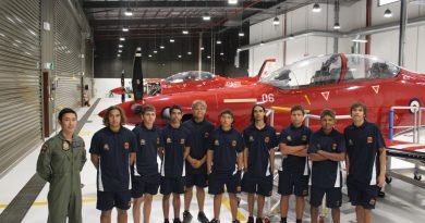 Qualified flying instructor with No. 2 Flying Training School Flight Lieutenant Jonathan Lee and students from Clontarf Academy in front of a Pilatus PC-21 aircraft at RAAF Base Pearce. Story by Flight Lieutenant Steven Barrett.