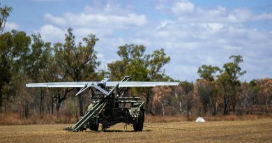 A Shadow unmanned aerial system ready to be launched at the Townsville Field Training Area, Queensland. Squadron Leader Barrie Bardoe. Story by Photo by Corporal Nicole Dorrett.
