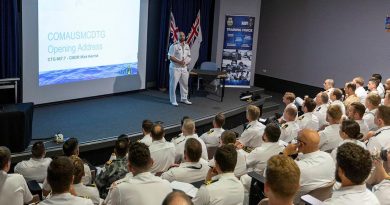 Commander Australian Mine Warfare and Clearance Diving Task Group, Commander Micheal Kerrisk, delivers the opening address to Australian and American personnel participating in Exercise Dugong 2021. Story by Photo by Lieutenant Jessica Craig. Leading Seaman Ronnie Baltoft.