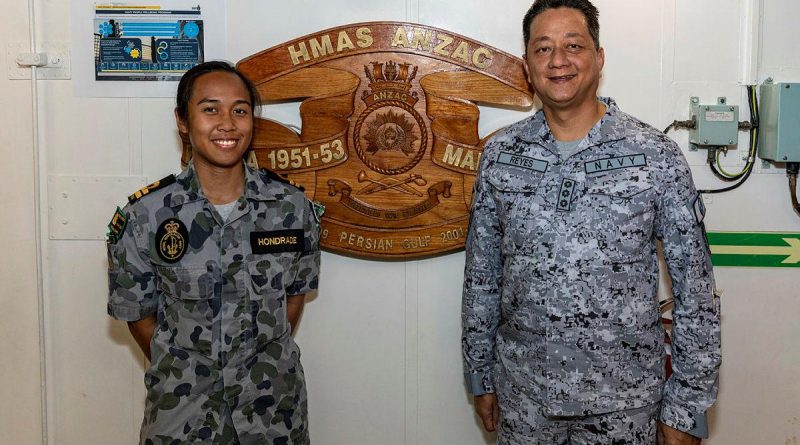 hilippine Navy Deputy Commander Indo-Pacific Endeavour Captain Constancio Reyes, right, with Lieutenant Maria Hondrade aboard HMAS Anzac during Indo-Pacific Endeavour 21. Story by Captain Peter March. Photo by Leading Seaman Leo Baumgartner.