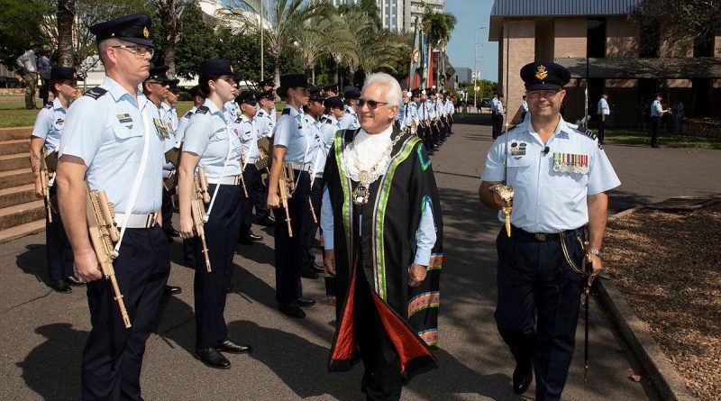 Lord Mayor of Darwin Kon Vatskalis inspects RAAF Base Darwin personnel before the Freedom of Entry parade through Darwin. Story by Flight Lieutenant Robert Cochran. Photo by Sergeant Pete Gammie.