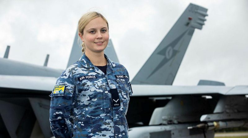 Leading Aircraftwoman Alexandra Saint-John, of No. 6 Squadron, with an EA-18G Growler aircraft on the flightline at Eielson Air Force Base in Alaska. Story by Flying Officer Bronwyn Marchant. Photo by Sergeant Rodney Welch.