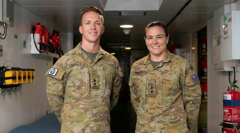 Army radiographer Lieutenant John Langley and physiotherapist Lieutenant Alison Muller in the health centre in HMAS Canberra during Indo-Pacific Endeavour 21. Story by Captain Peter March. Photo by Leading Seaman Nadav Harel.