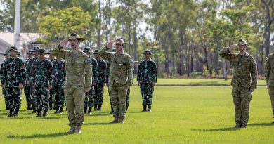 Commanding Officer of the 5th Battalion, Royal Australian Regiment, Lieutenant Colonel Mathew Dirago salutes official guests during the opening ceremony for Exercise Wirra Jaya 2021 at Robertson Barracks, NT. Story by Captain Carla Armenti. Photo by Corporal Rodrigo Villablanca.