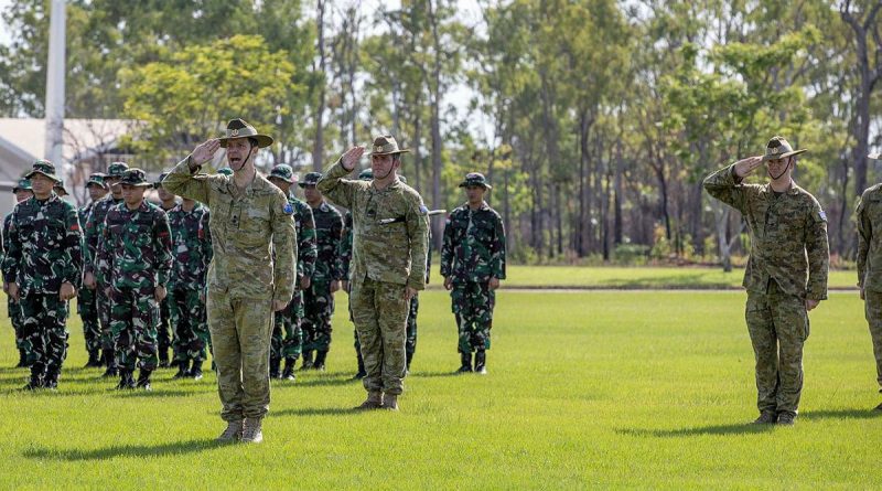 Commanding Officer of the 5th Battalion, Royal Australian Regiment, Lieutenant Colonel Mathew Dirago salutes official guests during the opening ceremony for Exercise Wirra Jaya 2021 at Robertson Barracks, NT. Story by Captain Carla Armenti. Photo by Corporal Rodrigo Villablanca.