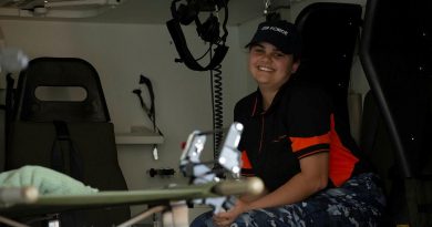 Indigenous Youth Program student Andrea Cole in a No. 1 Expeditionary Health Squadron Bushmaster ambulance during a visit to RAAF Base Townsville. Story by Flying Officer Veronika Koroleva. Photo by Leading Aircraftwoman Annalin Wright.