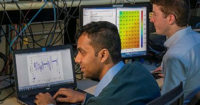 Defence Science and Techonology Group's Bathiya Senanayake, left, and an RFTEQ team member testing the new Complex Adaptive Threat Jammer Technology system at DSTG Edinburgh, South Australia.