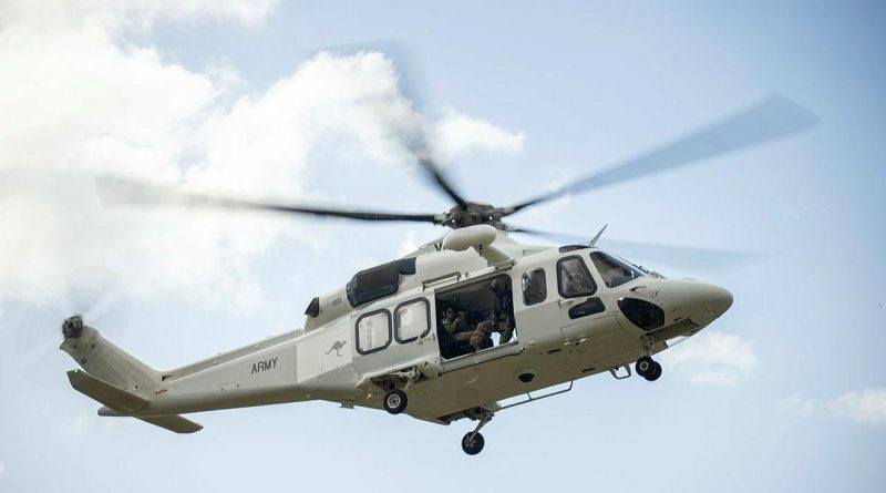 A Leonardo AW139 helicopter flown by pilots from the 5th Aviation Regiment at Lavarack Barracks, Townsville. Photo by Corporal Brodie Cross.