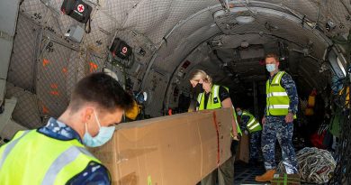 Air movements operators from No. 23 Squadron and loadmasters from No. 35 Squadron load engineering equipment bound for Fiji onto an Air Force C-27J Spartan at RAAF Base Amberley. Story by Flying Officer Robert Hodgson. Photo by Leading Aircraftwoman Emma Schwenke.