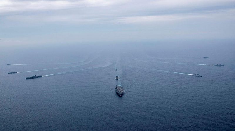 USS Carl Vinson, JS Kaga, HMAS Sirius, INS Satpura, USS Lake Champlain, INS Ranvijay, JS Murasame, USS Stockdale and HMAS Ballarat break from a formation sail during Exercise Malabar. Photo by Leading Seaman Ernesto Sanchez.