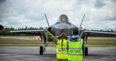 Leading Aircraftman Paul Taylor supervises Aircraftwoman Milena Frolova from No. 3 Security Forces while marshalling an F-35A Lightning II from No. 3 Squadron at Eielson Air Force Base in Alaska, United States. Story and photo by Flying Officer Bronwyn Marchant.