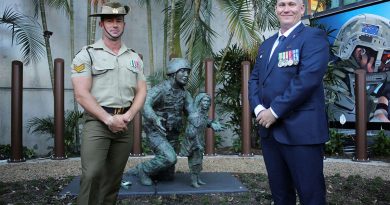 Corporal Ty Fergus, of the 6th Engineer Support Regiment, who helped build the Afghanistan War Memorial Garden in Brisbane, with 42 for 42 Board President and former combat engineer, Sean Mulqueen, at the memorial's opening. Story by Captain Evita Ryan.