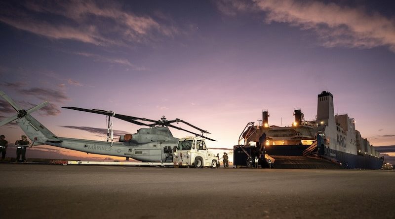 US Marines with Marine Medium Tiltrotor Squadron 363 (Reinforced), Marine Rotational Force – Darwin, prepare to load a UH-1Y Venom onto a ship at the East Arm Wharf, Darwin, in September. US Marine Corps photo by Corporal Lydia Gordon.