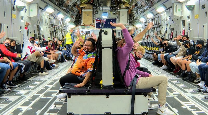 Ipswich Indigenous community members and children inside a C-17A Globemaster III for a flight from RAAF Base Amberley. Story by Flying Officer Lily Lancaster. Photo by Sergeant Peter Borys.