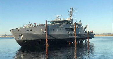 The first Evolved Cape-class patrol boat in the water after being launched. Photo by Austal.