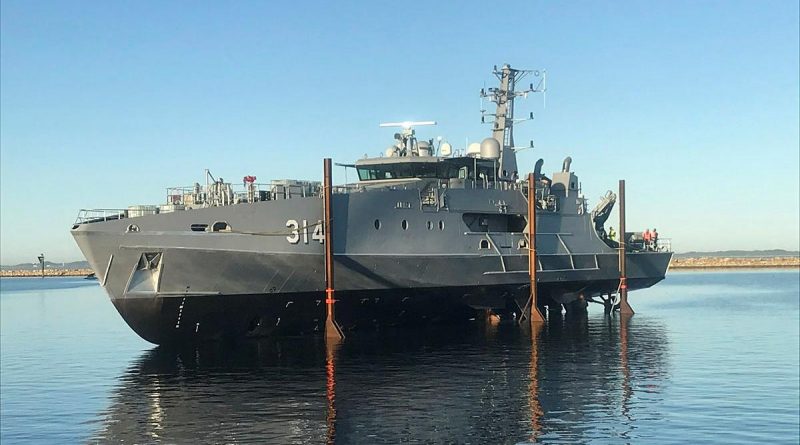 The first Evolved Cape-class patrol boat in the water after being launched. Photo by Austal.