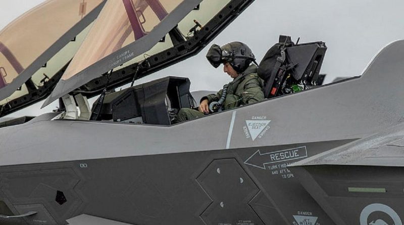 RAAF pilot Squadron Leader Tobias Liddy-Puccini in his F-35A on the flightline. Story by Flying Officer Bronwyn Marchant. Photo by Sergeant Rodney Welch.