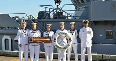 HMAS Shepparton's Hydrographic Department proudly displays the First Lady of the Fleet plaque at HMAS Cairns. Story by Able Seaman Emily Wain and Able Seaman Rebecca Churches.