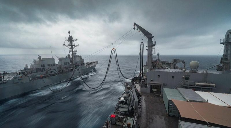 HMAS Sirius conducts a replenishment at sea with USS Stockdale during Indo-Pacific Endeavour 21. Story by Captain Peter March. Photo by Leading Seaman Sittichai Sakonpoonpol.