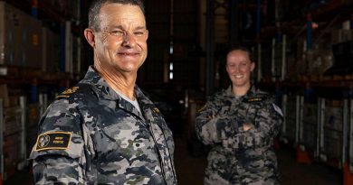 Petty Officer Ross Currie, left, and Seaman Caitlin Palmer wear the Navy's new maritime multi-cam pattern uniform at Fleet Logistic Support Element - Darwin, HMAS Coonawarra. Photo by Leading Seaman Shane Cameron.