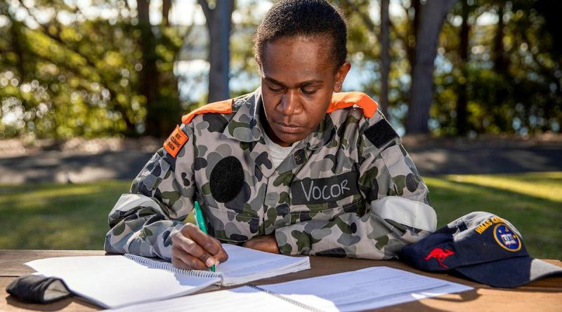 Vanuatu Police Maritime Force Wing member PC Merwel Vocor studying at HMAS Creswell. Story by Leading Seaman Kylie Jagiello. Photo by Leading Seaman Ryan Tascas.