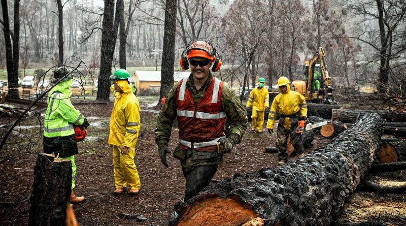 Sapper Zakary Lamrock, of the 5th Combat Engineer Regiment, and Indonesian National Armed Forces troops clear at the Zig Zag Railway, Lithgow, during Operation Bushfire Assist in February last year. Photo by Flight Sergeant Ricky Fuller.