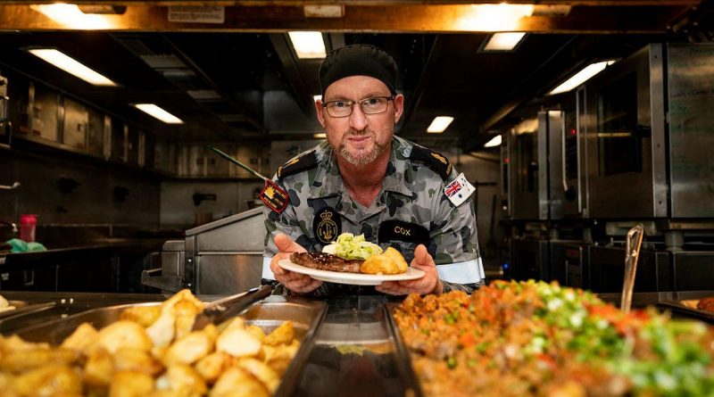 Able Seaman Clayton Cox prepares for dinner service in the galley on board HMAS Anzac during Indo-Pacific Endeavour 21. Story by Captain Peter March. Photo by Leading Seaman Leo Baumgartner.