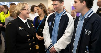 (Left to Right) Head of Maritime Systems Rear Admiral Wendy Malcolm CSM RAN speaks with Year 12 Students Lutkin Steenkamp and Tom Singline at the launch of the Defence Industry Pathway Program in CIVMEC at Henderson shipyard in Western Australia. Story by Captain Angela Bond. Photo by Petty Officer Yuri Ramsey.